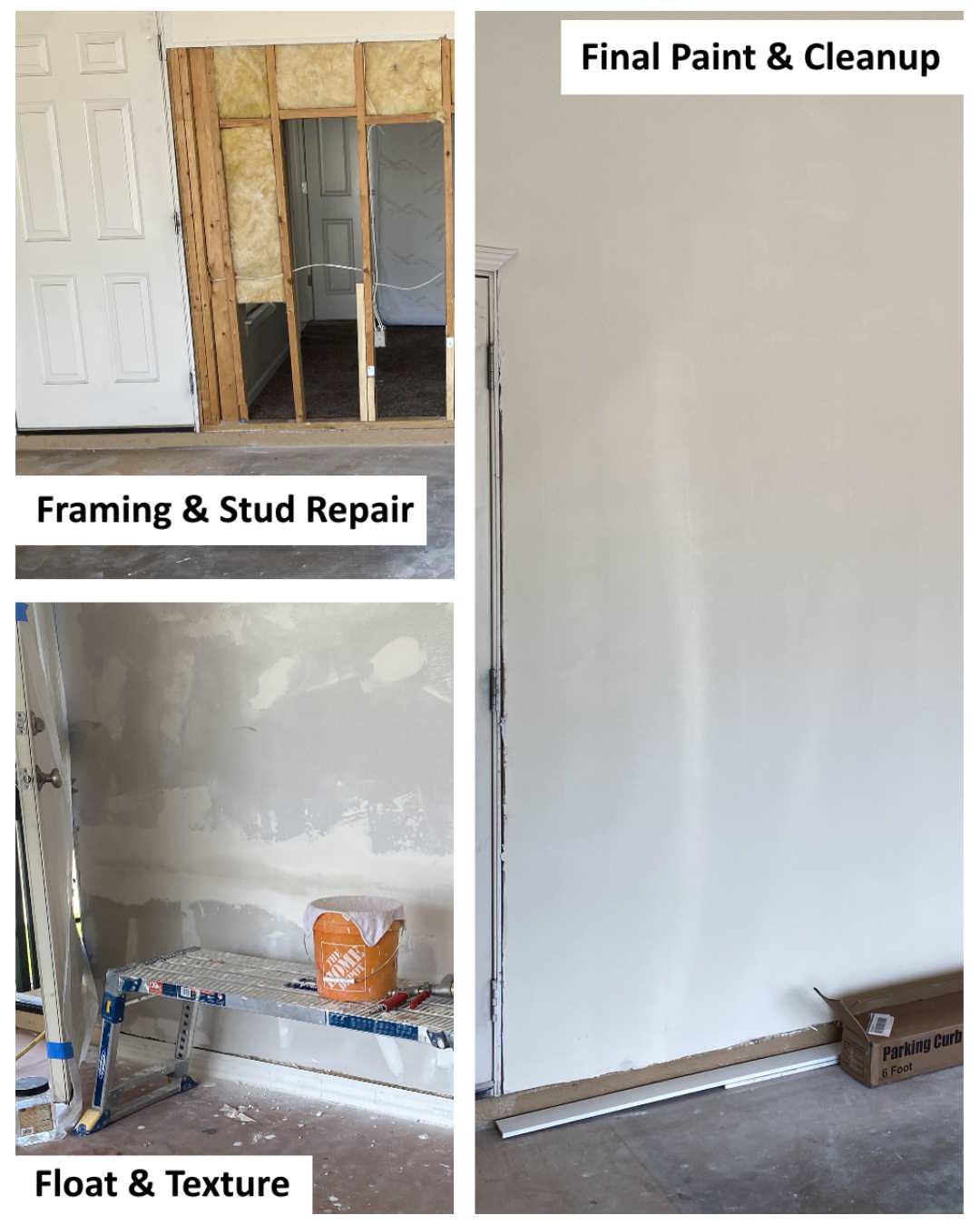Large drywall repair from car impact in Baton Rouge garage